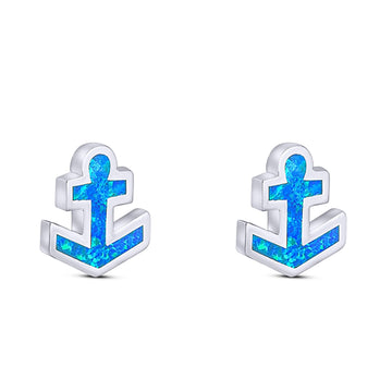 Anchor Stud Earring Lab Created Blue Opal Solid 925 Sterling Silver (9mm)